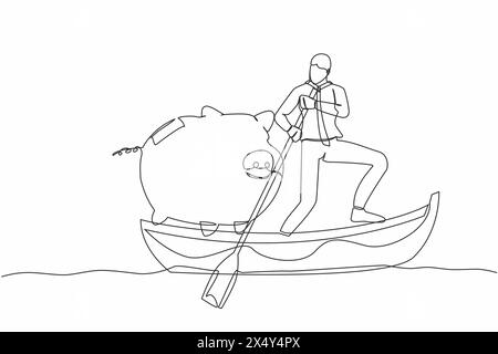 Single continuous line drawing of businessman standing in boat and sailing with piggy bank. Economy purposes saving money is very important. Smart inv Stock Vector