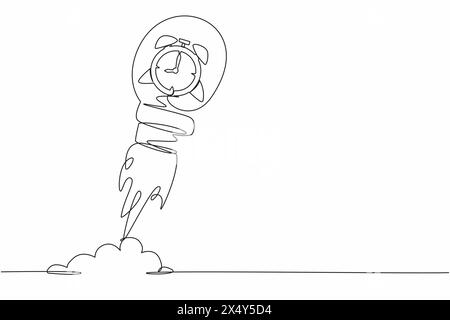 Single one line drawing alarm clock launching with light bulb. Time to start new business, entrepreneurship to launch project, time management concept Stock Vector