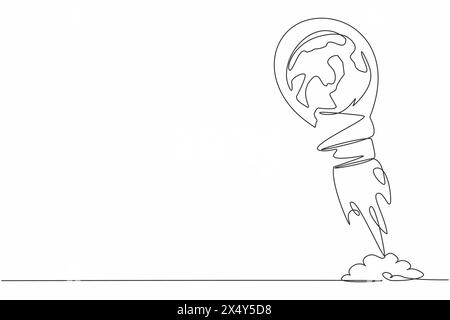 Single one line drawing of globe launching with light bulb. Startup travel world business acceleration. Future company and strategy planning concept. Stock Vector