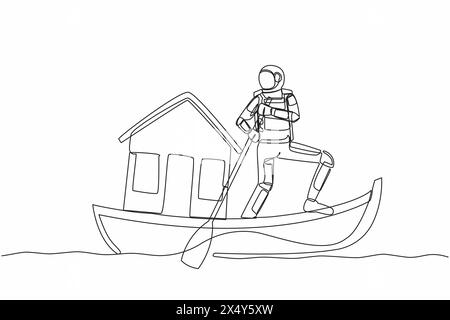 Single one line drawing of young astronaut sailing away on boat with house. Search for housing on planets other than Earth. Cosmic galaxy space. Conti Stock Vector