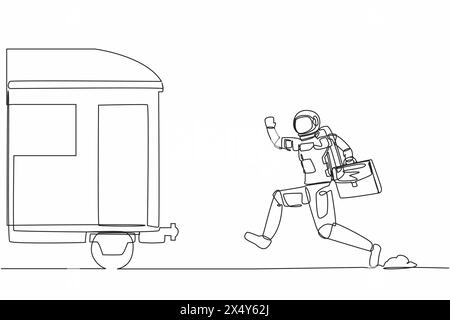 Continuous one line drawing of young astronaut run chasing train in moon surface. Transport system in space station. Cosmonaut outer space concept. Si Stock Vector