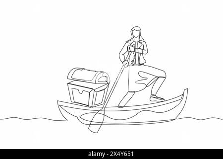 Single one line drawing businesswoman sailing away on boat with treasure chest. Money laundering, political corruption. Criminal stole golden coins. C Stock Vector