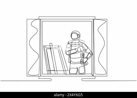 Continuous one line drawing astronaut painter drawing near window, holding paint brush and palette, sketching on canvas in moon surface. Cosmonaut out Stock Vector