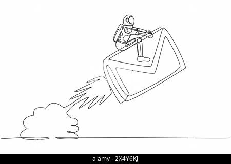 Single continuous line drawing astronaut riding paper envelope rocket flying in moon surface. Launching inter-galaxy digital messaging. Cosmonaut deep Stock Vector