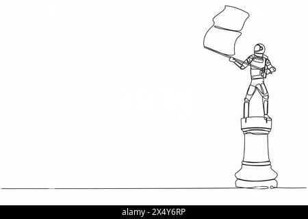 Continuous one line drawing astronaut standing on top rook chess and waving flag. Celebrating supremacy of strongest space company. Cosmonaut outer sp Stock Vector