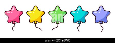 Set of cartoon multi-colored balloons. Balloons in the shape of stars. Vector illustration. Stock Vector