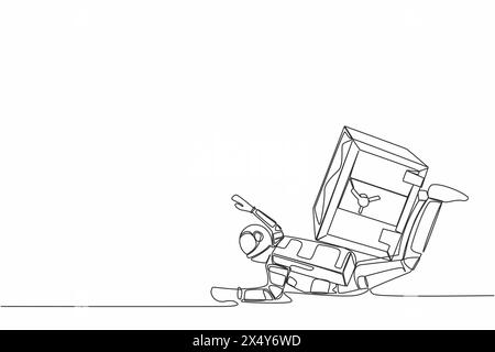Continuous one line drawing young astronaut under heavy safe deposit box burden. Impact in pandemic crisis, bankruptcy at space industry. Cosmonaut ou Stock Vector