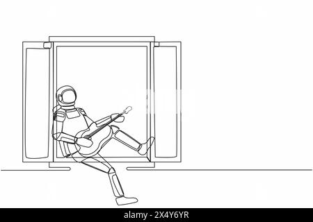 Single continuous line drawing young astronaut sitting on windowsill playing guitar, sing song in moon surface. Relaxation, comfort, romantic. Cosmona Stock Vector