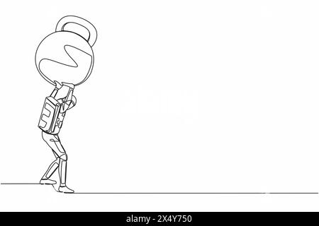 Single one line drawing of young astronaut carrying heavy kettlebell on his back. Financial crisis and credit payment in space company. Cosmic galaxy Stock Vector