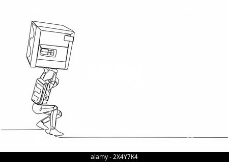 Single one line drawing young astronaut carrying heavy safe deposit box on his back. Impact in pandemic crisis at space industry. Cosmic galaxy space. Stock Vector