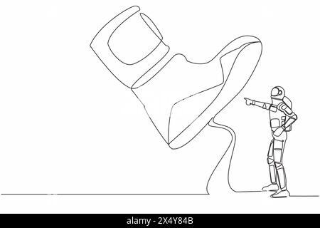 Continuous one line drawing young astronaut facing against giant shoes stomping. Spaceman pointing against giant foot step. Cosmonaut outer space. Sin Stock Vector