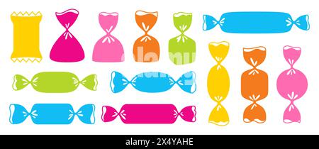 Candy wrapped sweets colorful set. Bonbon lollipop chocolate, caramel multicolor silhouette candies snack wrapping. Tasty sugar dessert food childish party. Wrapped caramel yummy graphic simple vector Stock Vector