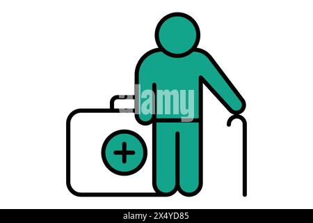 health icon. elderly using walking stick with health box. icon related to elderly. flat line icon style. old age element illustration Stock Vector