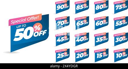 Special offer discount with different value percent off. 90, 85, 80, 75, 70, 65, 60, 55, 50, 45, 40, 35, 30, 25, 20, 15, 10 percentage price reduction Stock Vector