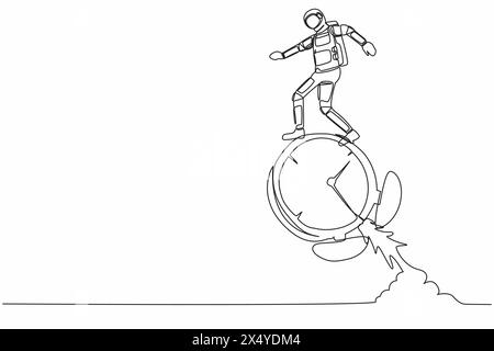 Continuous one line drawing young astronaut riding alarm clock rocket ship with fire in moon surface. Space expedition launching. Cosmonaut outer spac Stock Vector
