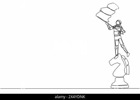 Continuous one line drawing young astronaut standing on top of big chess horse knight piece and waving flag. Cosmonaut outer space cosmic concept. Sin Stock Vector