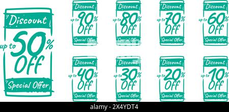 Special offer discount with different value percent off. 90, 85, 80, 75, 70, 65, 60, 55, 50, 45, 40, 35, 30, 25, 20, 15, 10 percentage price reduction Stock Vector