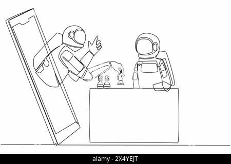 Single continuous line drawing two astronaut sitting at table and playing online chess. One player shows how to play from smartphone. Cosmonaut deep s Stock Vector