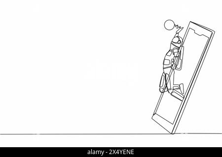 Single continuous line drawing of young astronaut volleyball athlete player in action jumping spike getting out of smartphone screen. Cosmonaut deep s Stock Vector