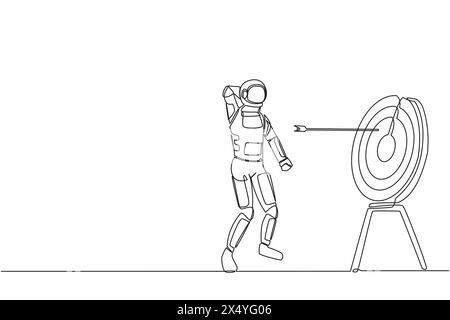 Single continuous line drawing confused astronaut with arrow missed at target. Failed in launching rocket. Spaceship business failure. Cosmonaut deep Stock Vector