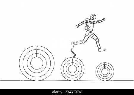 Single one line drawing astronaut jumping up higher target goals. Spaceship expedition next galactic journey. Future technology. Cosmic galaxy space. Stock Vector