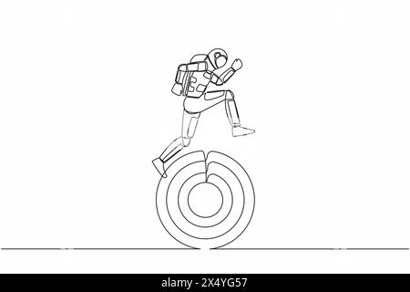 Single continuous line drawing astronaut running on target board in moon surface. Move forward in spaceship tech for galactic expedition. Cosmonaut de Stock Vector
