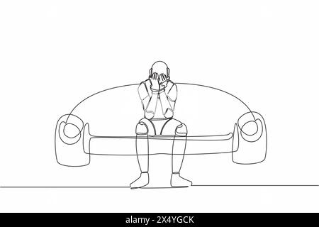 Single one line drawing lonely robot sitting on couch. Holding his head. Failure concept. Robotic artificial intelligence. Technology industry. Contin Stock Vector