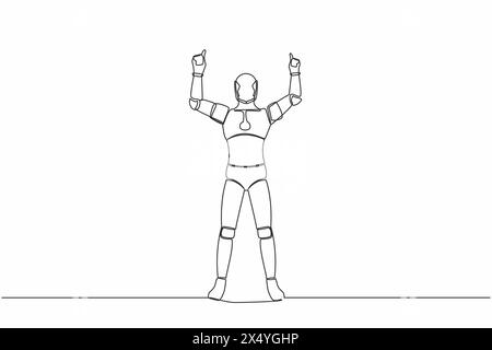 Single continuous line happy robot standing with both hands pointing index fingers up. Celebrate win. Artificial intelligence machine learning process Stock Vector