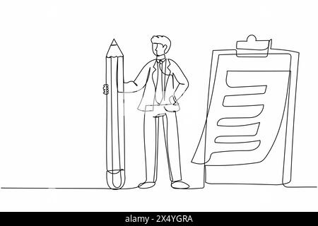 Continuous one line drawing businessman holding big pencil looking at completed checklist on clipboard. Successful completion business tasks goals. Si Stock Vector