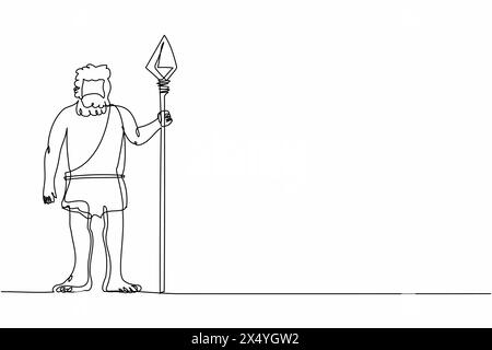 Continuous one line drawing man stand with prehistoric spear old cave. Hunting character male primitive age, wildlife ancient time. Hunter from stone Stock Vector