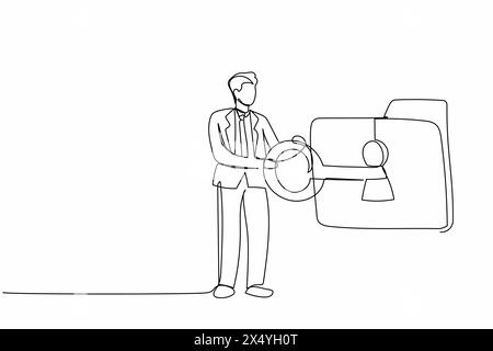Single continuous line drawing businessman putting big key into folder. Folder locked with key. Data security. Secret information for success in work. Stock Vector