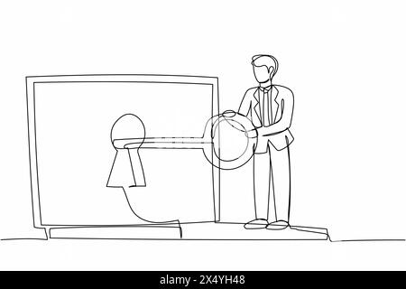 Single one line drawing businessman putting big key into laptop. Internet encryption, access to encrypted data, protection of personal information. Co Stock Vector