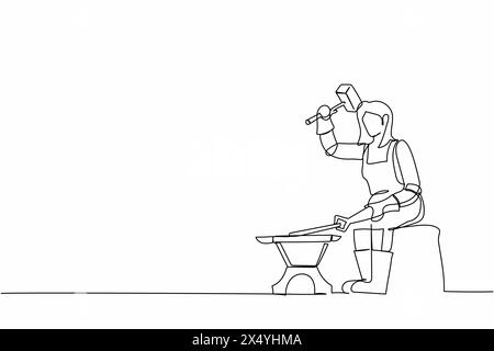 Single one line drawing female blacksmith sitting wearing apron hitting iron piece forged with hammer. Metal worker making craft art production. Conti Stock Vector
