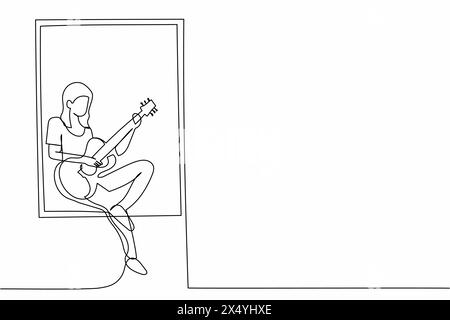 Single continuous line drawing young woman sitting on windowsill and playing acoustic guitar. Rest, stay at home, melancholic, relaxation, comfort, ro Stock Vector