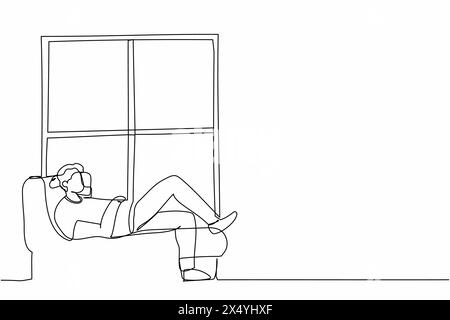 Single one line drawing young man lying on windowsill at home. Male resting in room near window. Spending time at home, relaxing after work, reading. Stock Vector