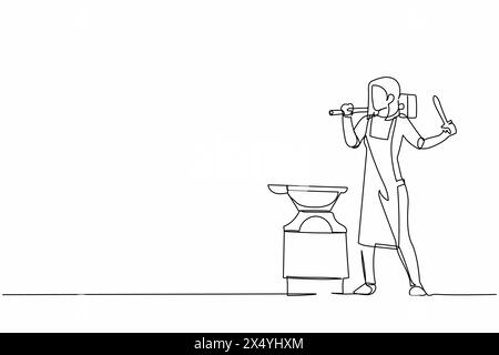 Single one line drawing  female blacksmith standing in front of anvil wearing apron carrying sledgehammer and holding completed forged small sword. Co Stock Vector