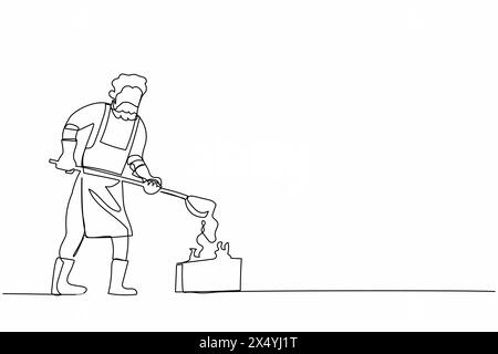 Single continuous line drawing blacksmith casting mold metal wearing protective uniform. Anvil worker male producing steel craft in metalwork workshop Stock Vector