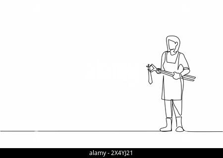 Continuous one line drawing female blacksmith wearing apron standing holding hot blade forged with pliers and tongs. Medieval blacksmith making swords Stock Vector