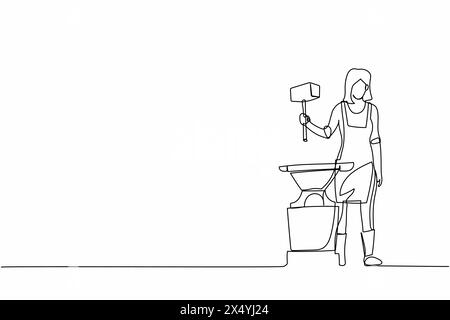 Continuous one line drawing female blacksmith wearing apron standing and holding hammer in front of the anvil. Metal worker making craft art productio Stock Vector
