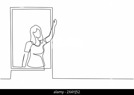 Single one line drawing young female waving at window as look like to greet or invite people to come in. Woman looking outside from windowsill. Contin Stock Vector