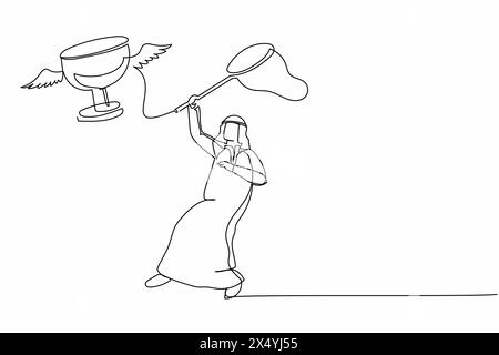 Continuous one line drawing Arab businessman try to catching flying trophy with butterfly net. Failed to win a business project. Business metaphor. Si Stock Vector