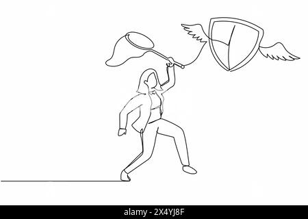 Single one line drawing businesswoman try to catch flying shield with butterfly net. Expensive health insurance costs. Unaffordable healthcare service Stock Vector