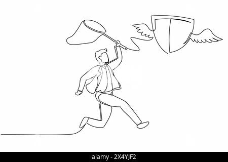 Single one line drawing active businessman try to catching flying shield with butterfly net. Expensive security and protection insurance. Modern conti Stock Vector