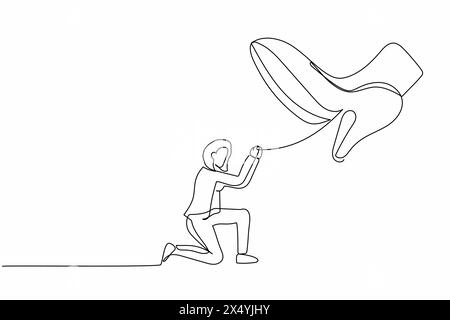 Single continuous line drawing businesswoman kneel down under giant feet. Concept for authority, exploitation, dictator figure. Minimalist metaphor. O Stock Vector
