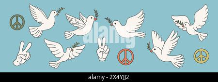 Vector Symbols of Peace - Hand Gesture, Dove, Olive Branch Design Template Set. Pacifist Icons, Vector Illustration Stock Vector