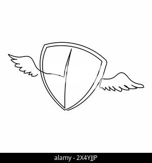 Continuous one line drawing cute flying shield with wings. Modern professional sketch wings shield template logo design. Winged shield simple mascot s Stock Vector