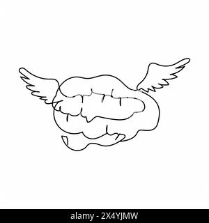 Single continuous line drawing flying brain with wings logo design template. Free mind logo. Creative vintage tee shirt apparel print poster. Dynamic Stock Vector