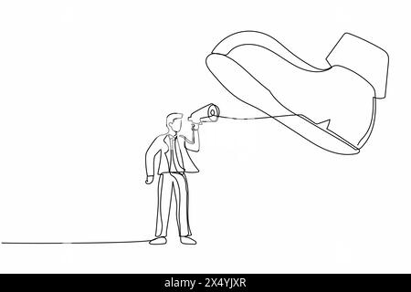 Single one line drawing businessman speaking with megaphone under giant shoe. Boot of army soldier stepping on businessperson. Minimalism metaphor. Co Stock Vector