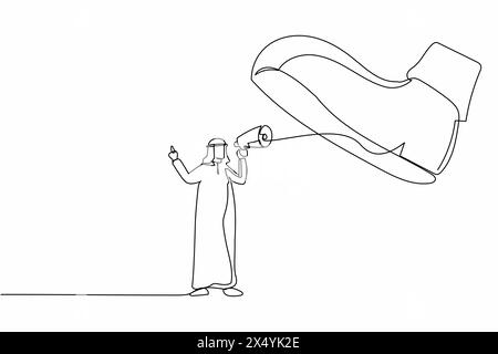 Single continuous line drawing active Arab businessman speaking with megaphone under giant shoe. Boot stepping on businessperson. Minimalism metaphor. Stock Vector