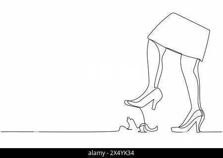 Continuous one line drawing young businesswoman leg step on banana peel. Imminent danger, banana peel underfoot high heels. Minimalist metaphor. Singl Stock Vector